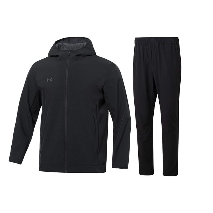 Under Armour Zip-Up Hooded Minimalist Jacket With Drawstring Comfortable Stylish Long Pants Casual Sports Set Men Sets Black 22600401-001+23600701-001