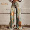 Women Casual Trousers Colorful 3D Floral Printing Flared Leg High Waist Plus Size Jeans Button Zipper Closure with Pockets Lojng Pants for Dating