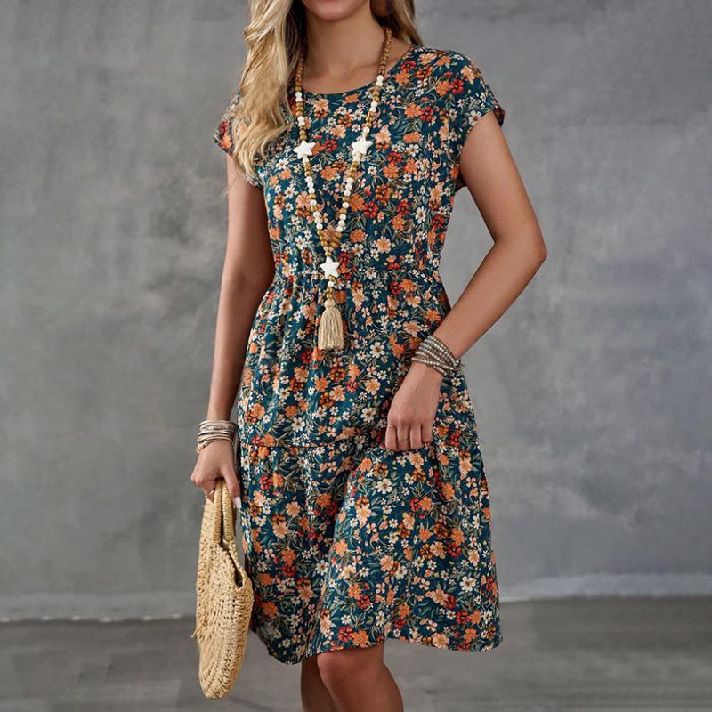 Women Summer Short Sleeve Round Collar Flower Printed One Piece Dress