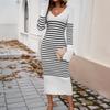 Autumn and Winter Women's Temperament Slim V-neck Collision Striped Jumper Dresses