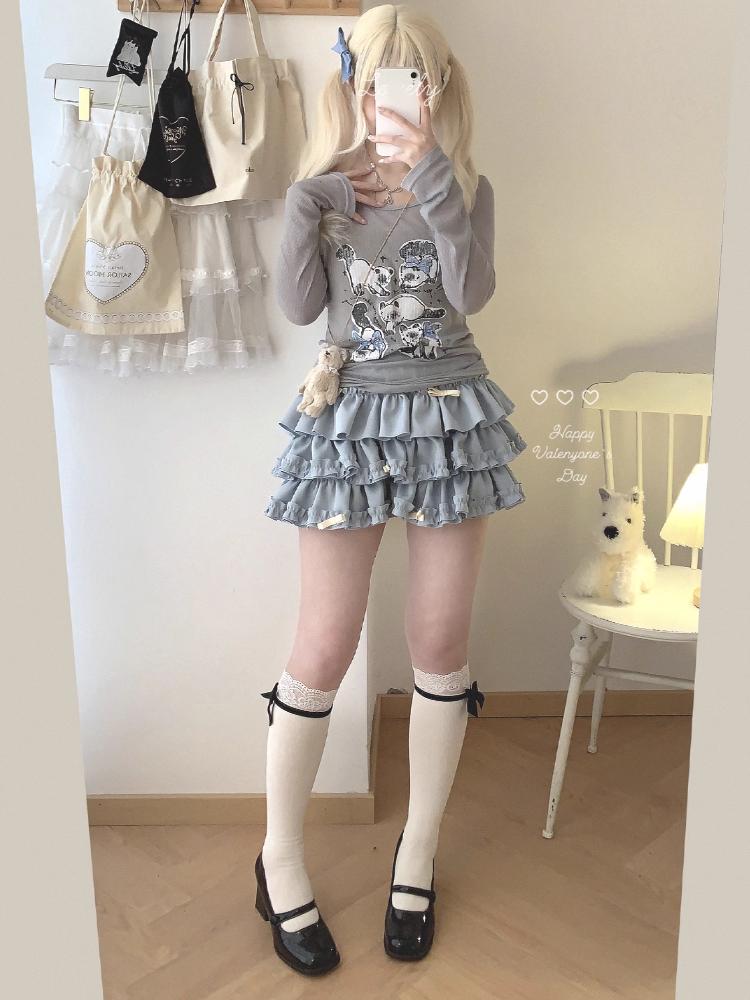 Юбка мини с милыми оборками Y2K для женщин, юбка-бантик в стиле кавайной Лолиты, юбка-трапеция в стиле Харадзюку в японском стиле с высокой талией, розовая, синяя, с тортом