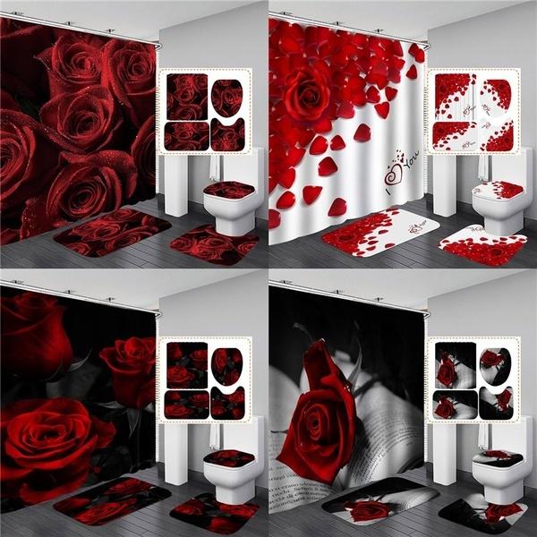 4 Styles Red Rose Shower Curtain Bathroom Set Valentine's Day Series Pattern Waterproof Bathroom Mats Rugs Carpets Toilet Lid Cover Set
