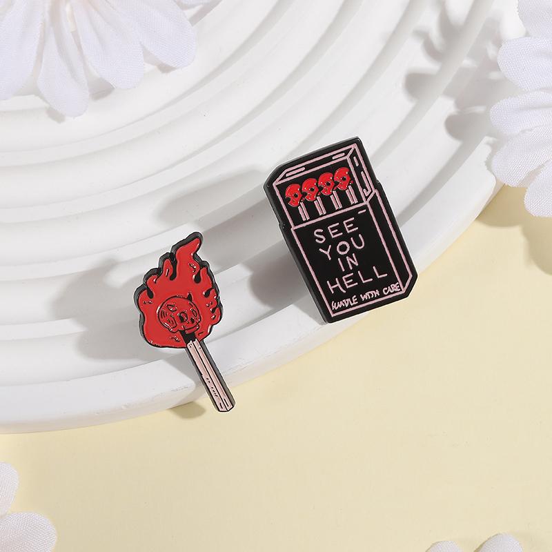 SEE YOU IN HELL Enamel Pins Custom Skull Matchsticks Brooches Lapel Badges Clothes Punk Jewelry Gift for Friends