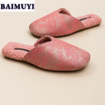 Туфли на плоской подошве женские меховые тапочки с произвольным принтом модные мюли обувь зимние новые шлепанцы 2025 тренд новые сандалии с открытой пяткой Mujer Zapatos