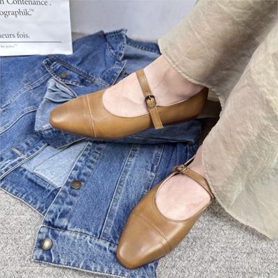 Женские туфли на плоской подошве в стиле ретро, элегантные универсальные туфли-лодочки из натуральной кожи с острым носком и ремешком с пряжкой
