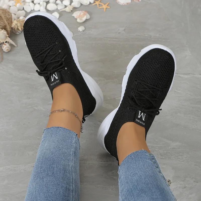 2024 Brand Women's Shoes Lace-up Women's Vulcanize Shoes Fashion Ladies Casual Shoes New Round Toe Light Solid Mesh Sneakers