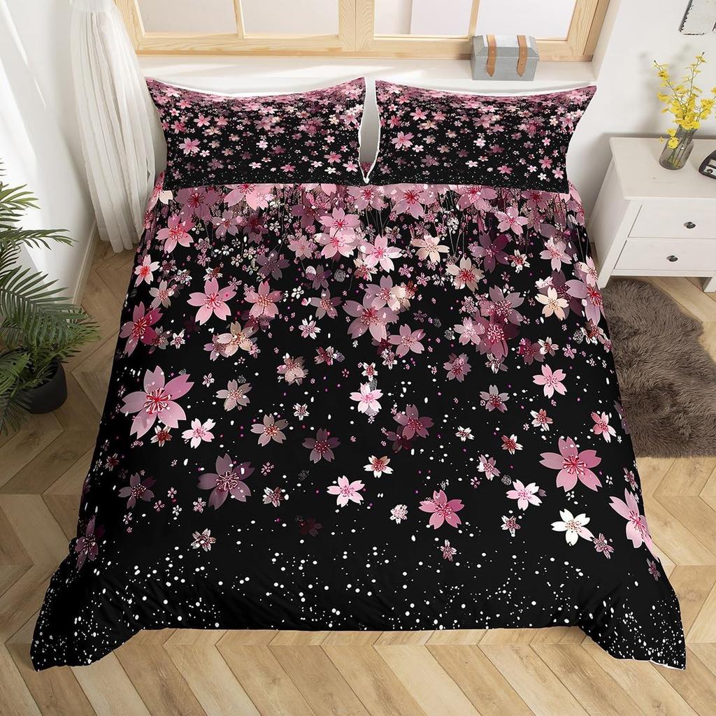Пододеяльник Розовый Цвет Сакуры Твин Кинг, Японские Цветы Цветение Романтический Цветочный Постельный Комплект, Фермерский Дом Лепестки Чехол для Одеяла