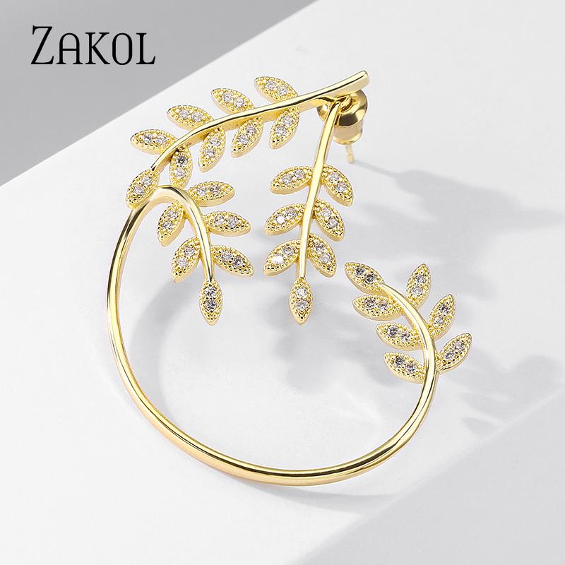 ZAKOL Серьги-клипсы в виде металлических листьев с золотым покрытием для женщин, клипсы для ушей без прокола, сверкающие цирконы, кафф для ушей, модный циркон