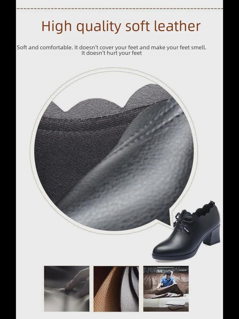 Весна 2023 г. Туфли-банты из кожи на среднем каблуке для женщин — мягкие, универсальные, удобные туфли на высоком каблуке