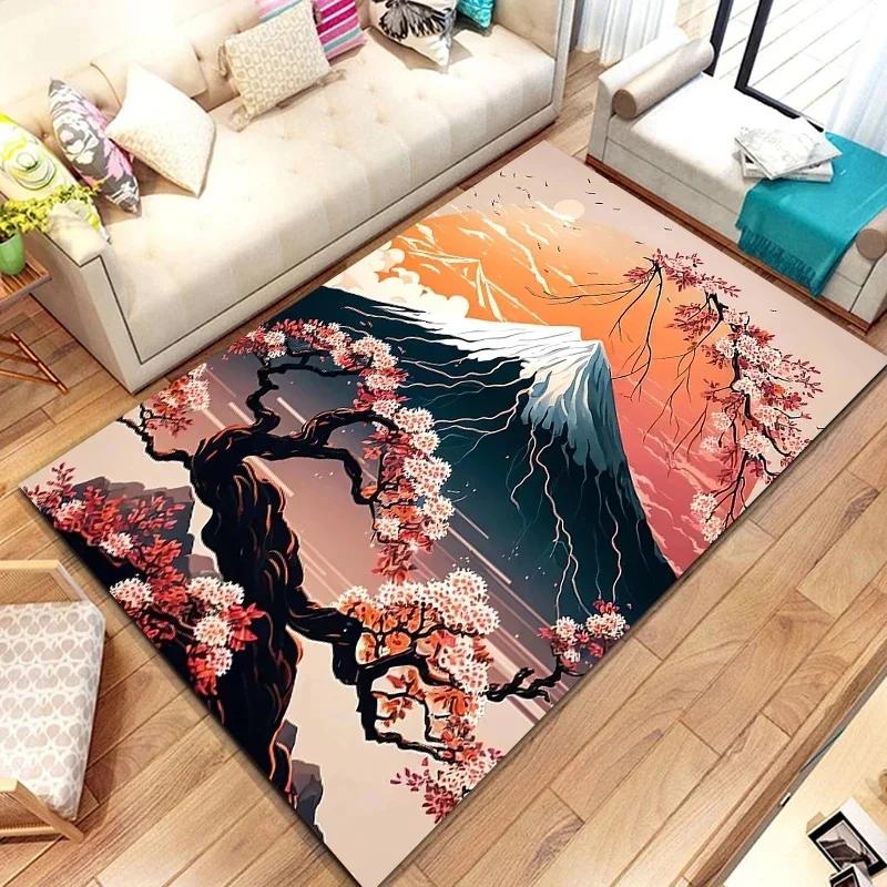 3D Japanese Cherry Blossom Floor Mat with Mount Fuji Design Large Soft Carpet for Kids' Bedroom Stylish Rug for Living Room