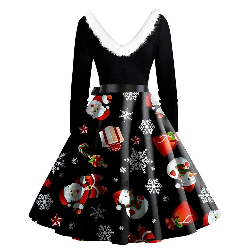 Женское винтажное платье с длинным рукавом и рождественским принтом в стиле 1950-х годов для вечеринки, выпускного вечера, для домохозяйки