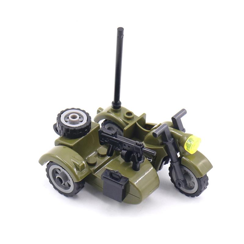 Военные WW2 Moto Three Rounds Мотоцикл Транспортное средство Инструмент Автомобиль Армия Фигурки Аксессуары Строительные блоки Игрушки Для детей Наборы MOC