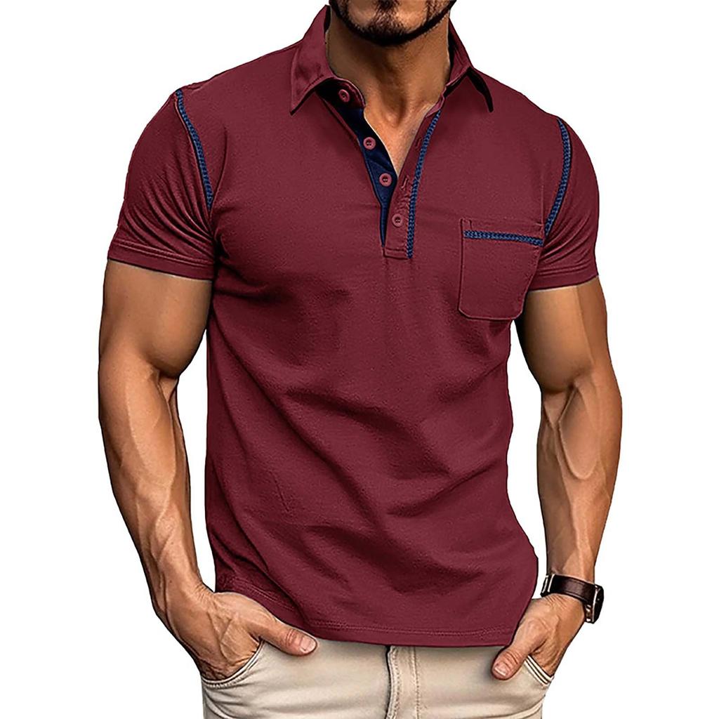 Summer European And American Men's Short Sleeved Men's Lapel T-shirt Color Blocking Top
