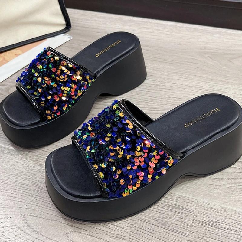 Летние НОВЫЕ стильные модные и элегантные сандалии на платформе, однотонные тапочки с открытым носком и круглым носком, украшенные блестками, НЕТ:А588