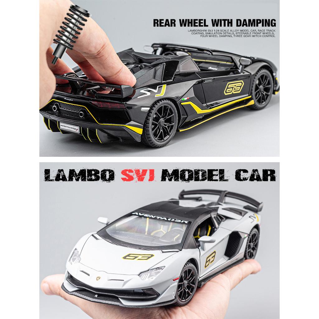 1/24 Scale Lambo Aventador SVJ63 Diecast Car Model Toy, Pull Back Toy Vehicle with Sound and Light for Kids Toddler Boys Girls Gift Collection