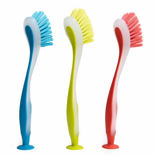 Klickpick Home Dish Scrubber Brushes, Assorted Colors, Soft Long Handle Scrub Brush with Suction Cup, Multi-Purpose Cleaning Scrub Brush, Set of 3, Re