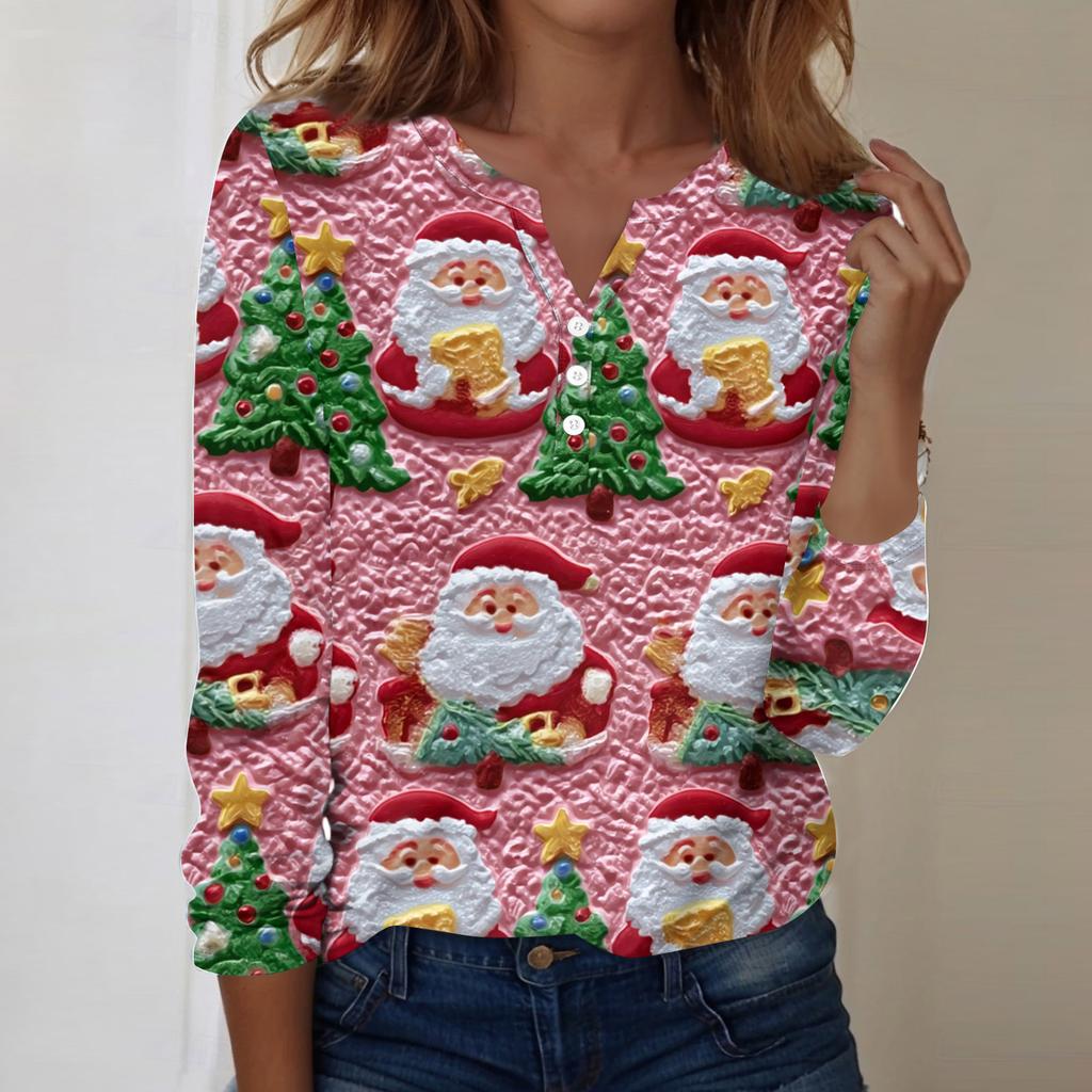 Women's Fashion Casual V-Neck Long Sleeve Decorative Button Christmas Print Top