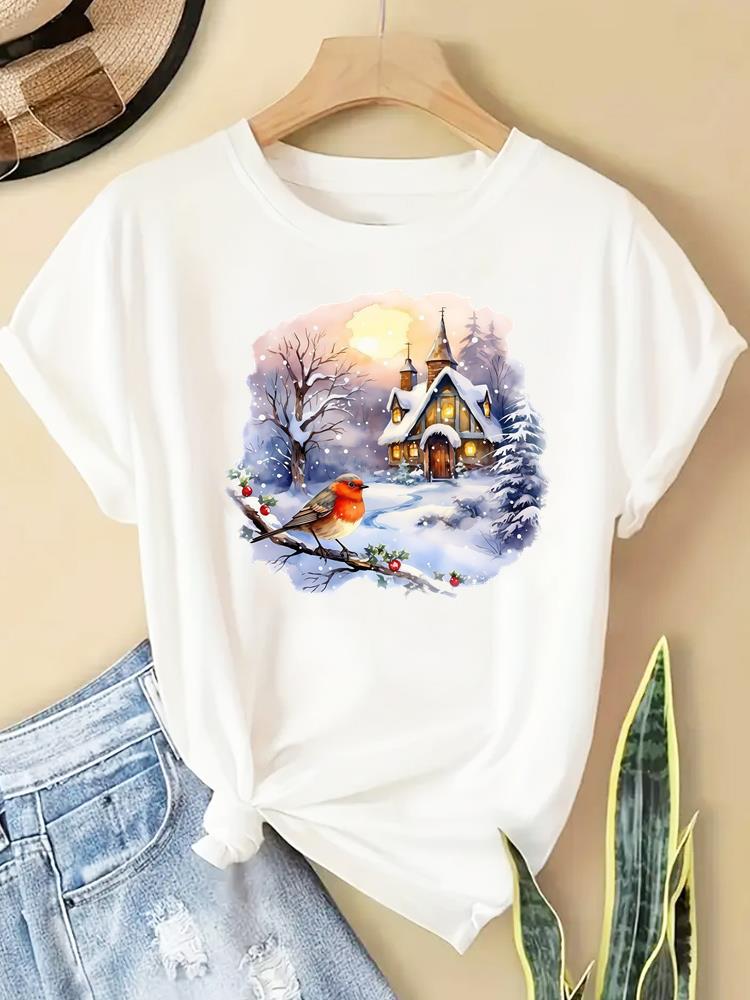 (Asian Size) New Year T Clothing Short Sleeve T-shirts  Print Merry Christmas Plaid Tree Style O-neck Women's Top Fashion Holiday Graphic Tee