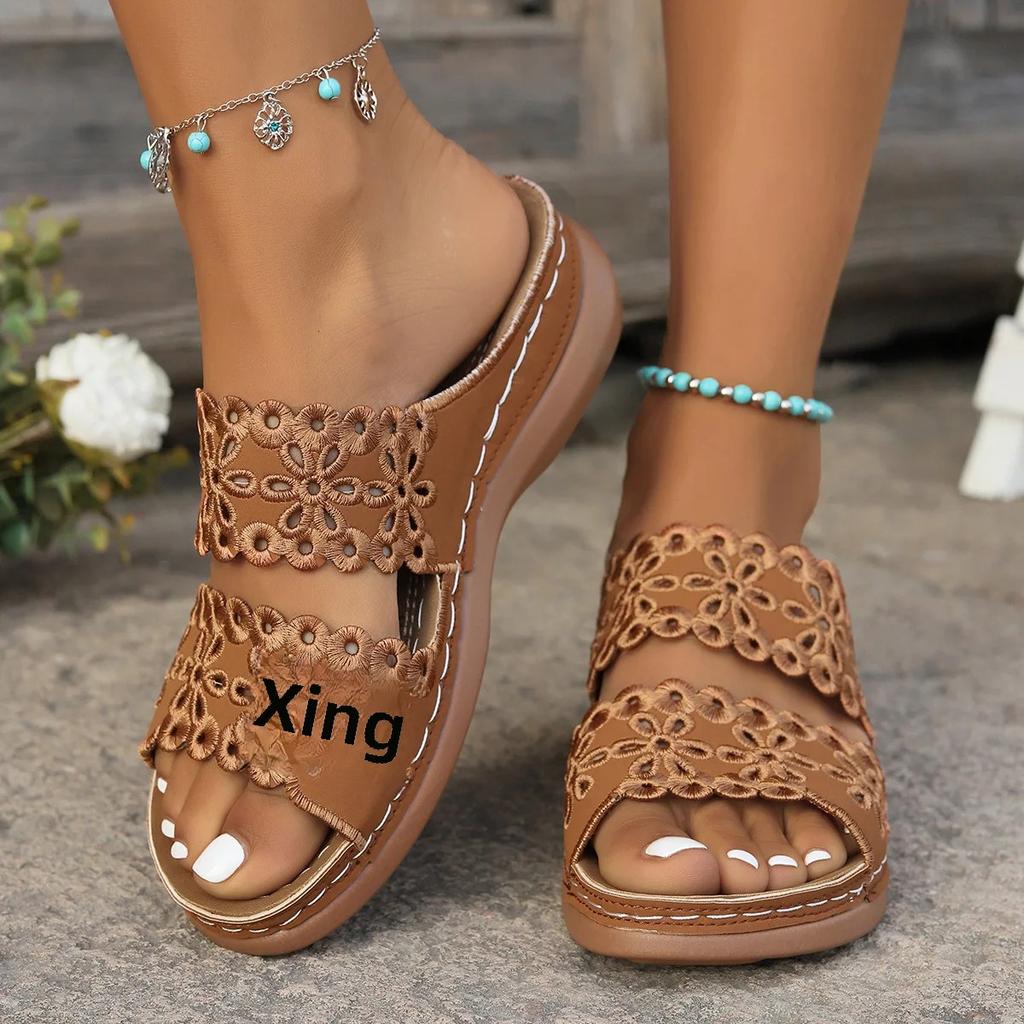 Women's Summer Sandals, Floral Cut-Out Design, Artificial Leather Slides, Casual Comfort Footwear, Non-Slip Sole