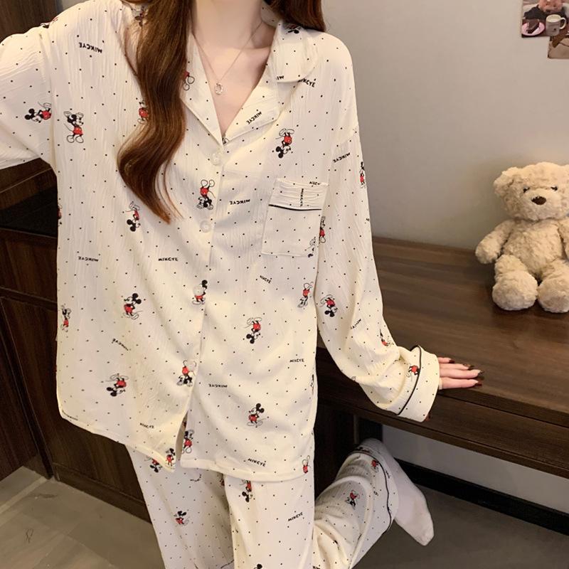 Spring new wrinkled cloth women's pajamas cute polka dots cute long-sleeved thin small loungewear set
