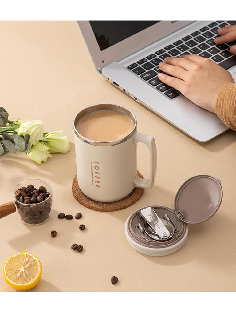 480ml 304 Stainless Steel Coffee Mug With Lid&Spoon&Straw,Insulated Coffee Cup For Student Adult Office Drinking Cup