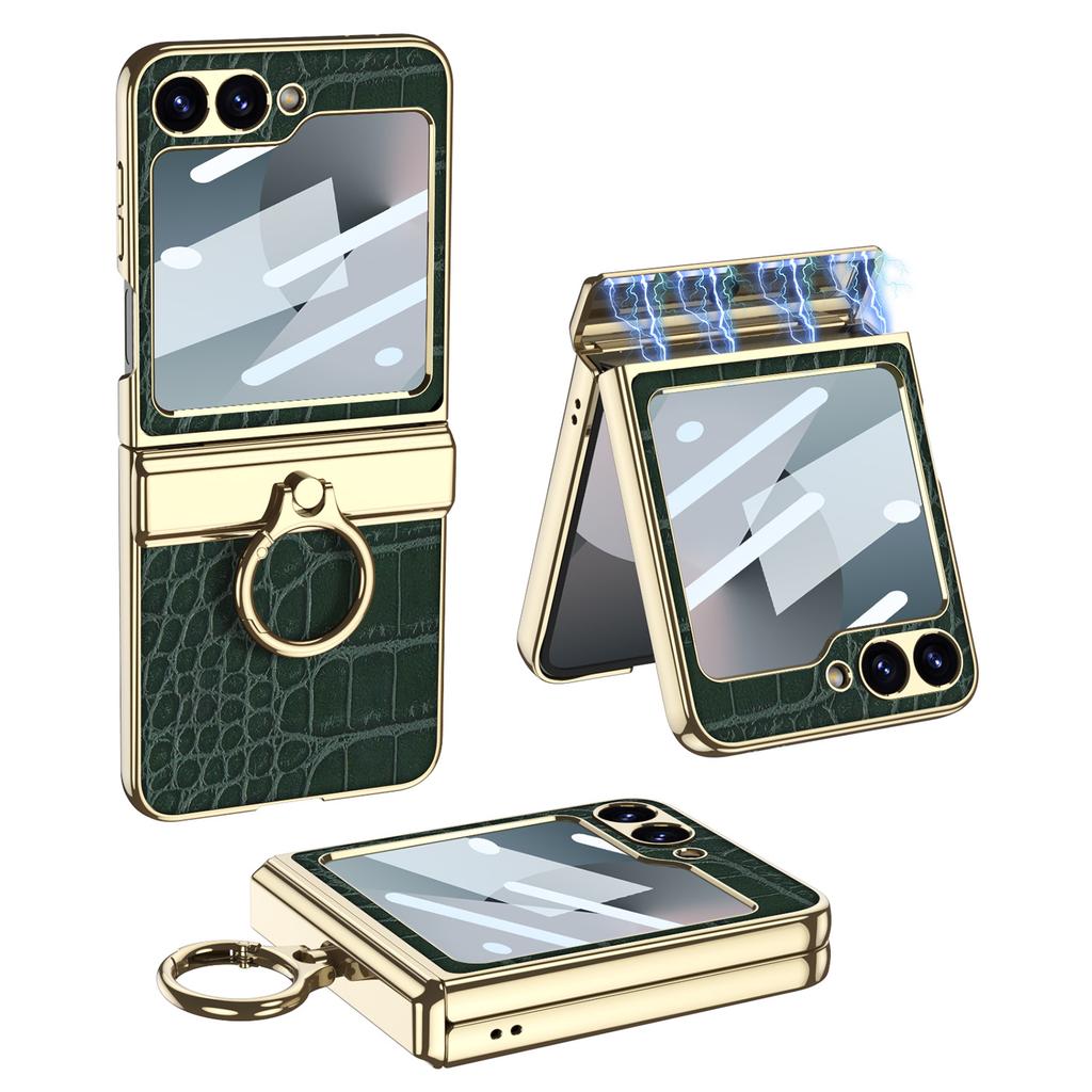 Роскошный чехол из кожи с покрытием для Samsung Galaxy Z Flip 7 6, магнитный чехол-крышка со встроенным кольцом-держателем для шарнира для чехла Galaxy Z Flip 5