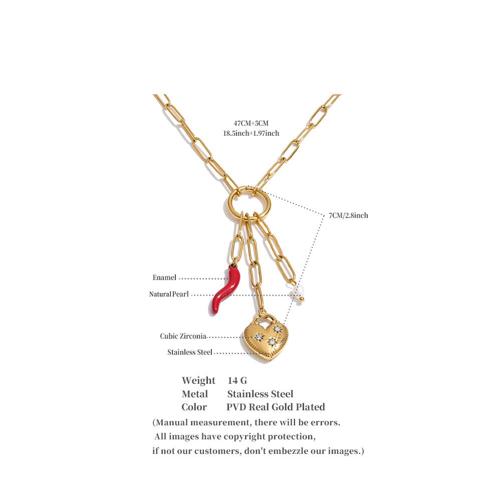 Yhpup New Style Natural Pearl Zirconia Heart Chili Drop Chain Charm Necklace Stainless Steel Fashion Waterproof Pendant Jewelry