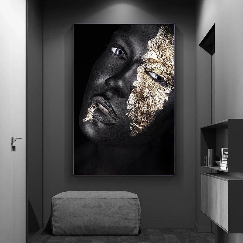 African Art Black Gold Women Posters and Prints Modern Portrait Canvas Painting Wall Art Picture for Living Room Home Decoration