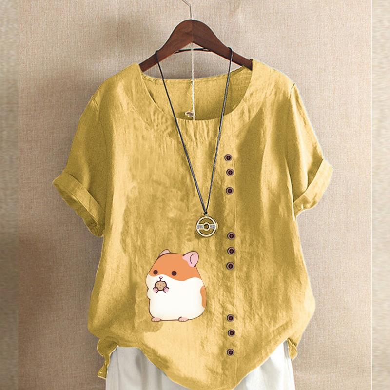 Женская модная футболка с круглым вырезом и коротким рукавом, повседневная рубашка из хлопка и льна с рисунком, свободная летняя блузка с принтом Hamster Life, топы