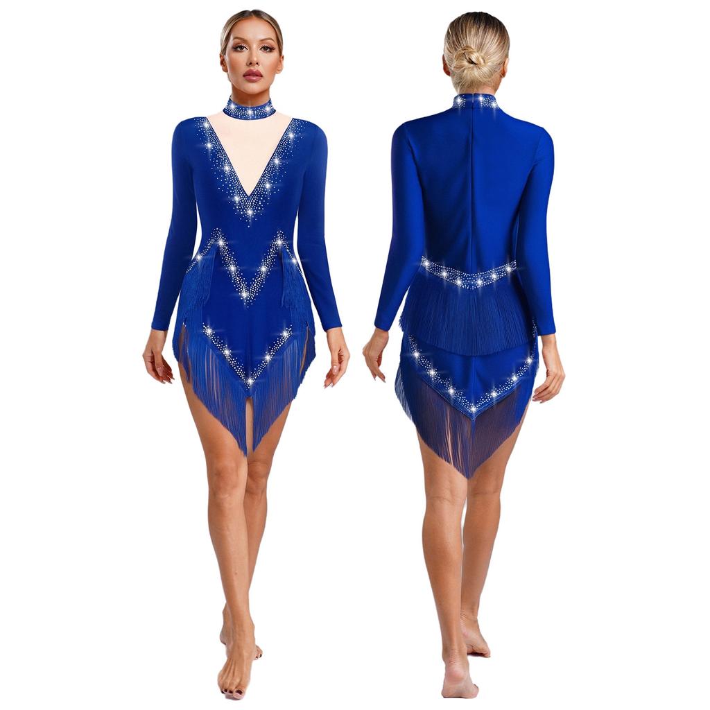 Women's Latin Dance Dress S-XXL - Shiny Rhinestones Mock Neck Long Sleeve with Tassels & Irregular Hem Stage Costume