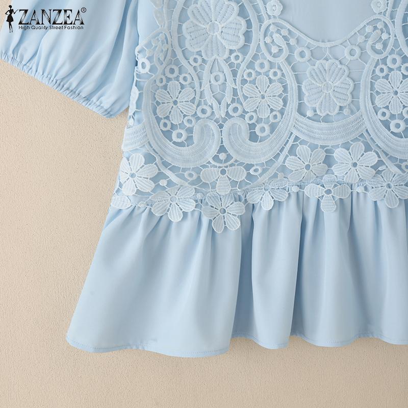 ZANZEA Женские повседневные футболки с круглым вырезом, крючком, пэчворк, летние, с коротким рукавом