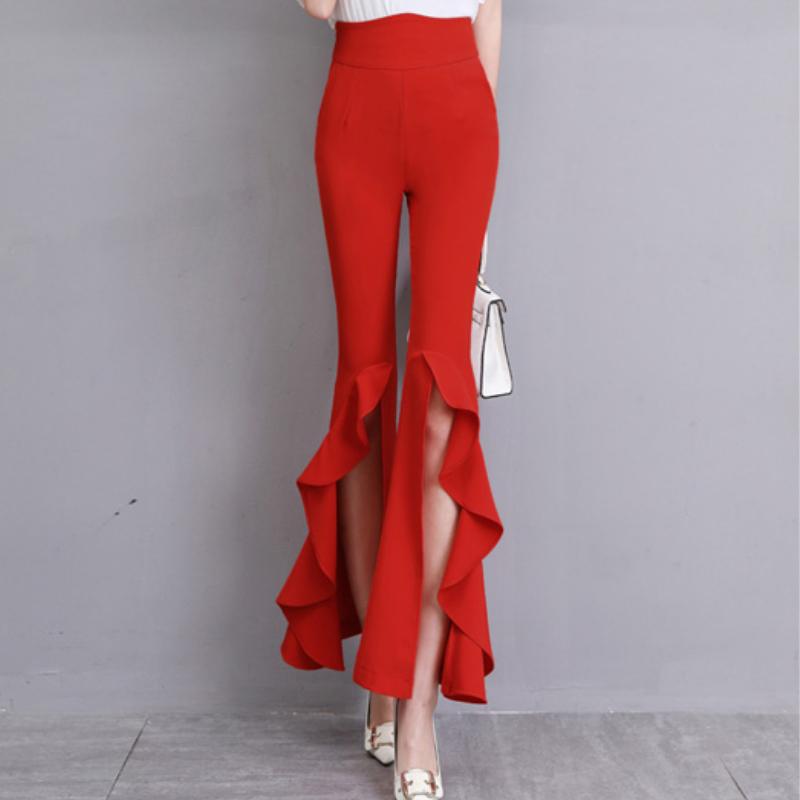 Harajuku Summer High Waist Women's Chiffon Split Up Capris Pants for Women Skinny Ruffles Flare Pants Woman Trousers Red Black