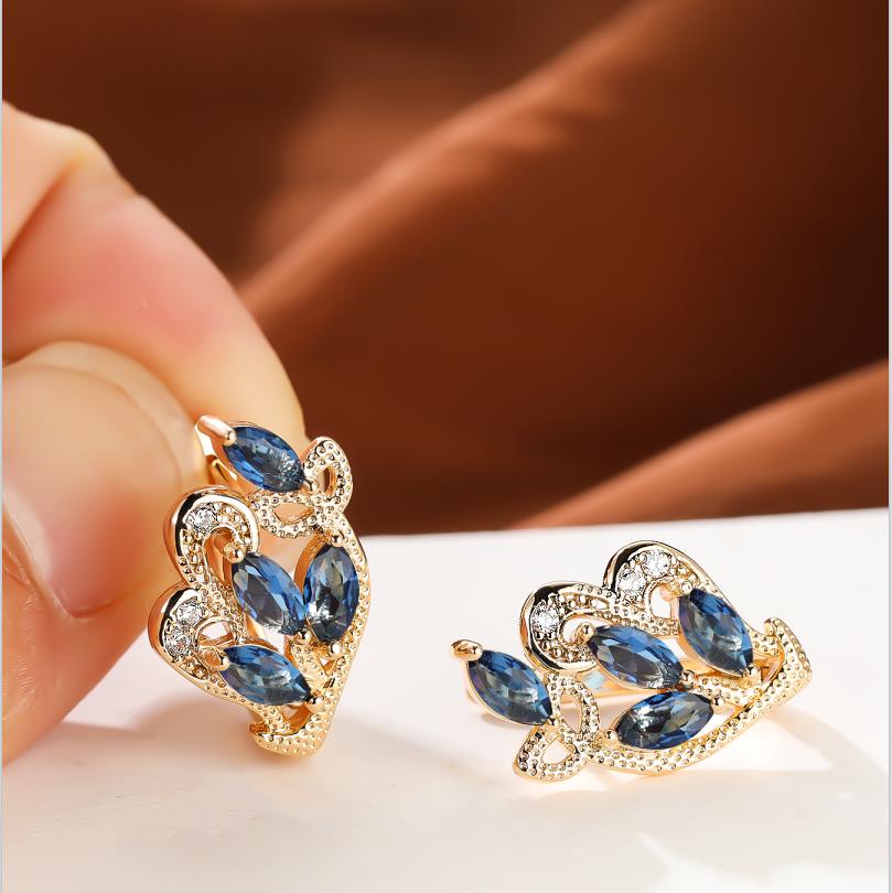 1 пара серег золотого цвета с радужным камнем и цветочным узором в виде листьев, красные, желтые, синие, зеленые, висячие полые серьги с камнями