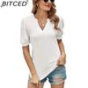 Свободный однотонный повседневный женский топ с V-образным вырезом и короткими рукавами, женская футболка