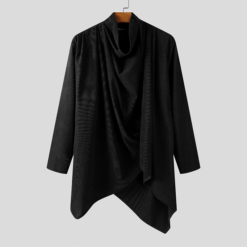 INCERUN Autumn Men Swing Collar Long Sleeve Irregular Casual Loose Ribbed Tops T-shirts