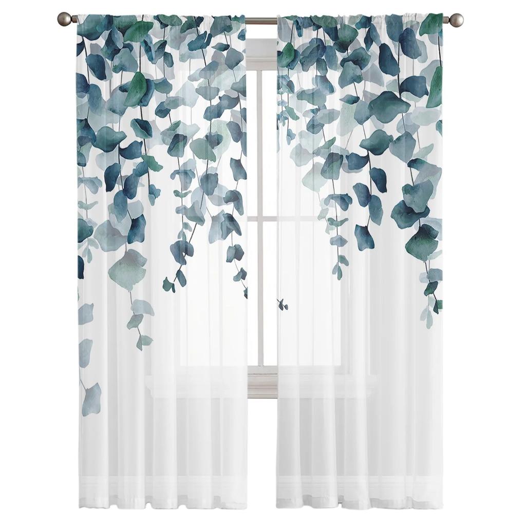 Прозрачные шторы с акварельными листьями растений для гостиной, кухни, оконные шторы, тюлевые занавески для спальни, вуали