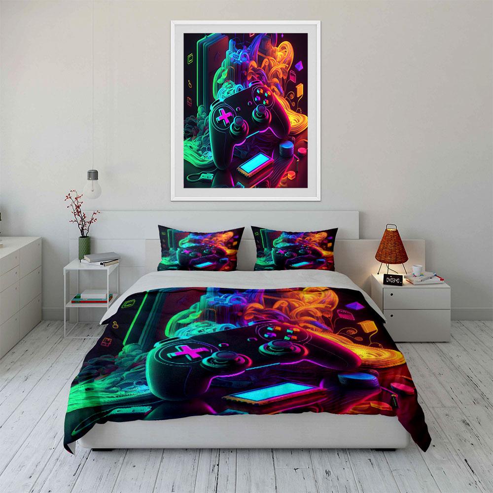 Gaming Controller Neon Design Bedding Duvet Cover Set Duvet Cover Pillowcases (1 * Duvet Cover 2 * Pillowcases, without duvet insert)