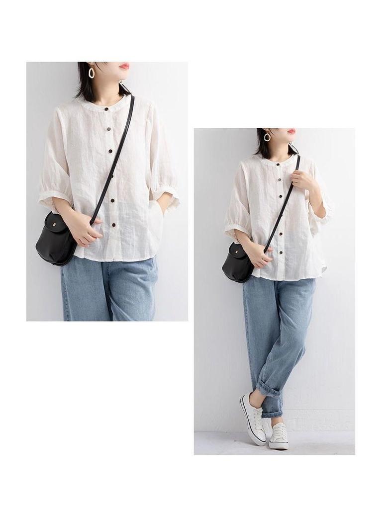 Women's Retro Cotton Linen Lantern Sleeve Blouse: Summer Mid-Sleeve, Loose Fit, Plus Size