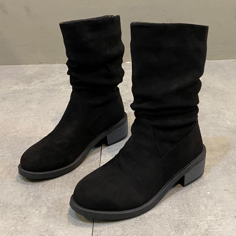 Fashion Classic Solid Black Suede Mid Calf Western Boots Women Brand Designer Medium Heel Riding Boots Sexy Pleated Silp On Winter Shoes