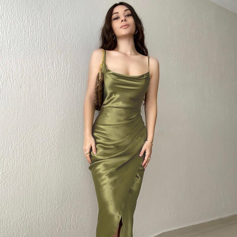 Hottie Sexy Low-cut Satin Split Halter Dress Slim Backless Dress