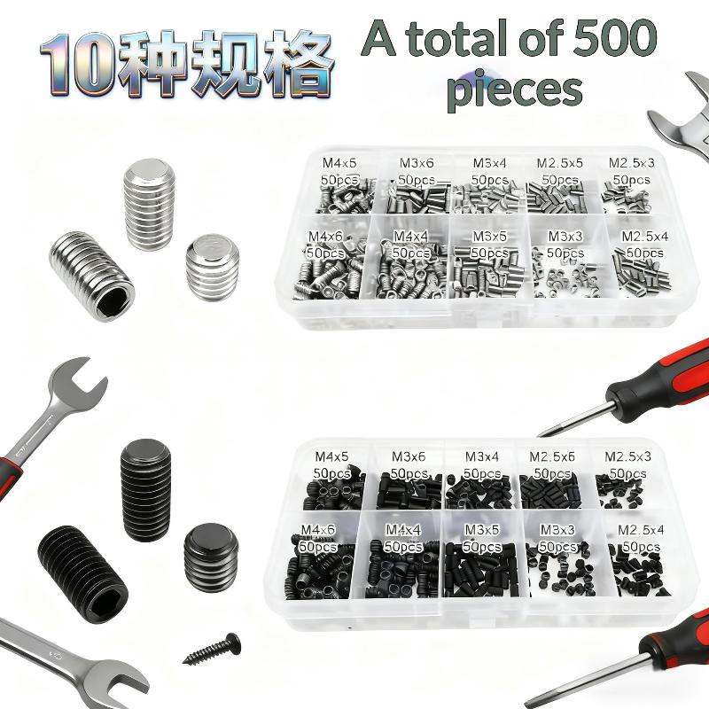 500 шт. M2.5 M3 M4 DIN913 Нержавеющая сталь 304 Черный Шестигранный Гексагон Socket Allen Плоский Конец Установочный Винт Набор Винтов Коробка