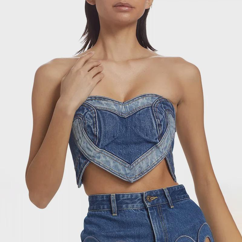 "2025 Spring Women's Sexy Denim Tube Top with Blue Heart Stitching"