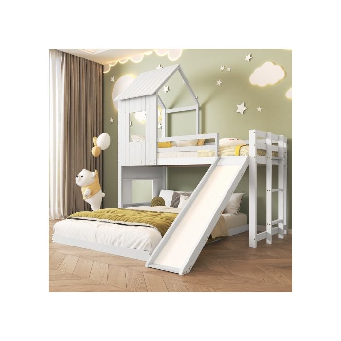 Lit superposé - MUVOE - 140x200cm et 90x200cm - avec toboggan - en pin blanc - sécurisé et amusant