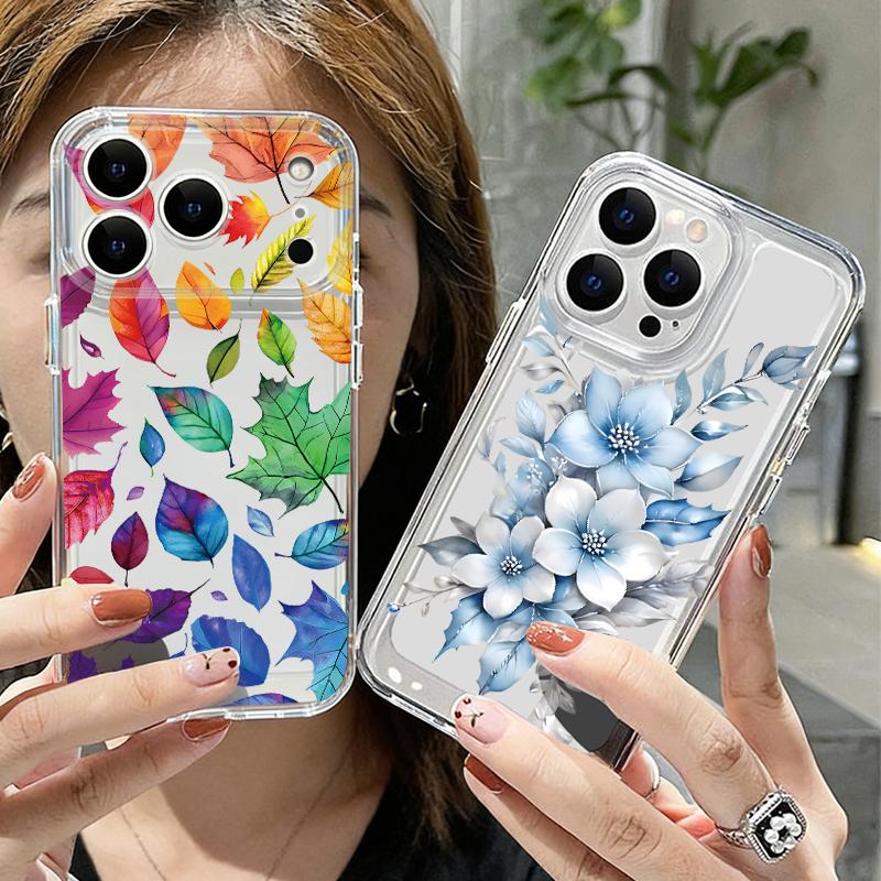 Чехол для iPhone 17 Pro Max Чехол iPhone 16 Pro Max 15 14 13 11 17E 16E Цветочный принт с листьями Ударопрочный Прозрачный Мягкий ТПУ Силиконовый Чехол
