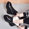 Winter Women Leather Slope-heeled Shoes Cowskin Round Head Zipper Thick Bottom Super High Heel Black Cotton Boots High-heeled Women's Boots