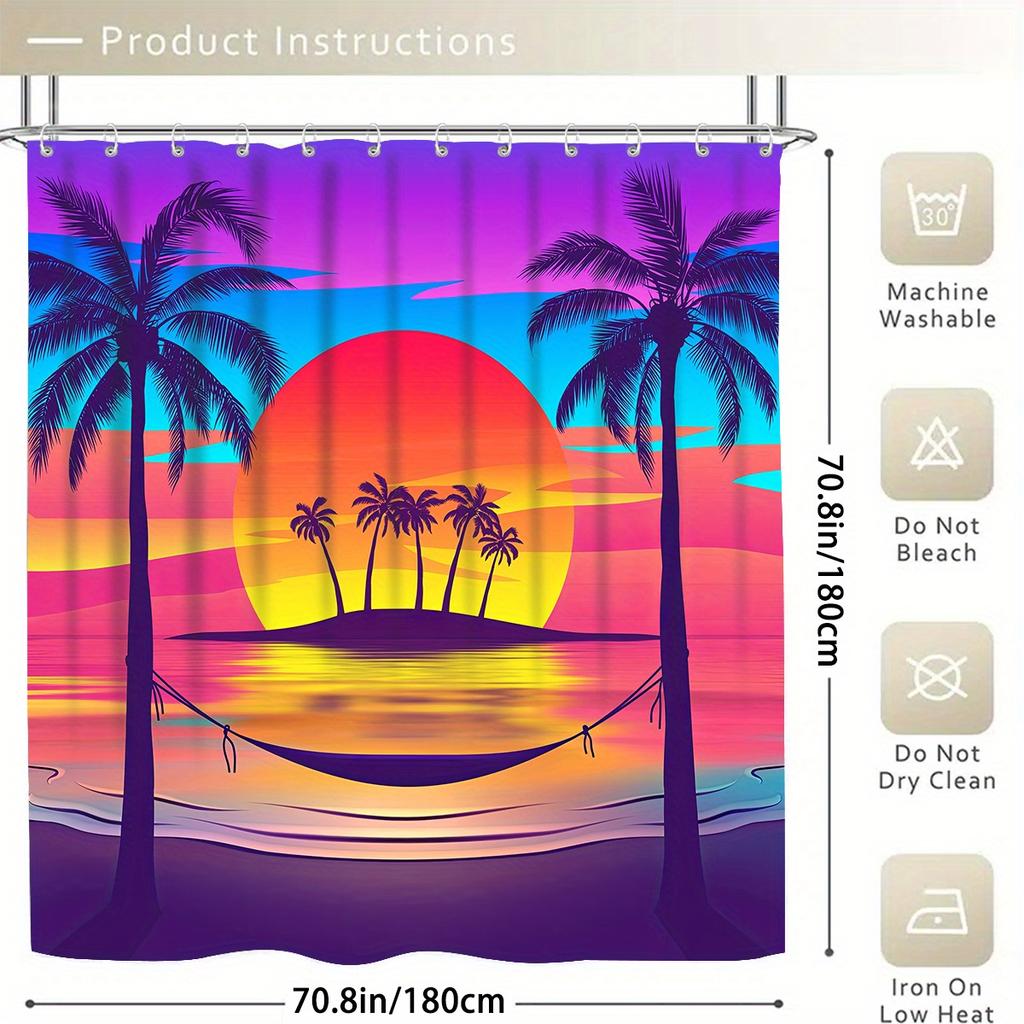 Coconut Tree Decorative Shower Curtain Bathroom Set - Machine Washable, With 12 Hooks, Including Toilet Seat Cover And Bathtub