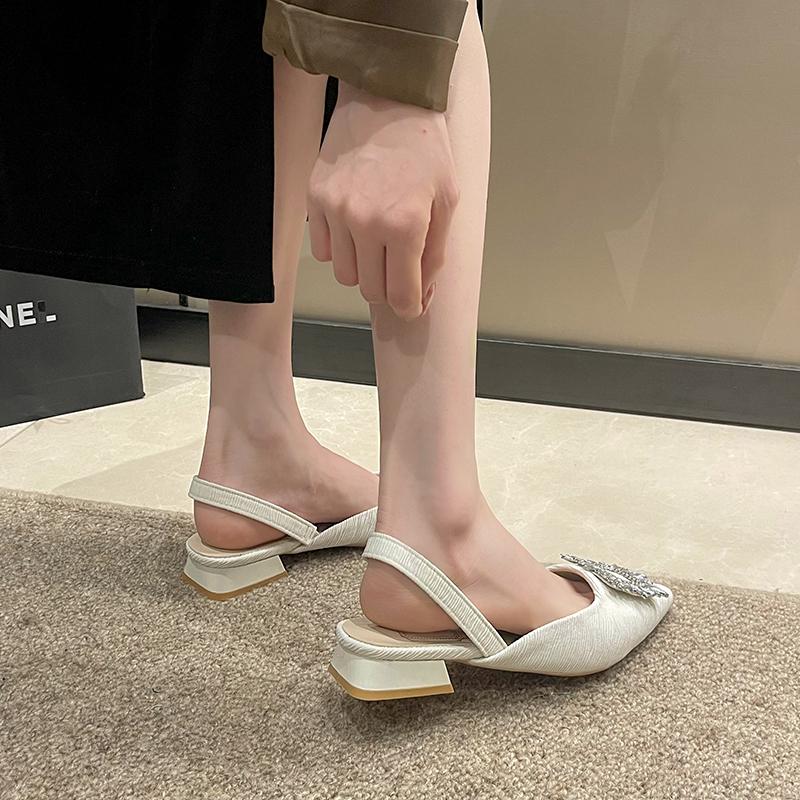 Women's Shoes Hot Sale Pointed Toe Women's Pumps One-word Buckle High Heels Square Heel Solid Heeled Sandals Women