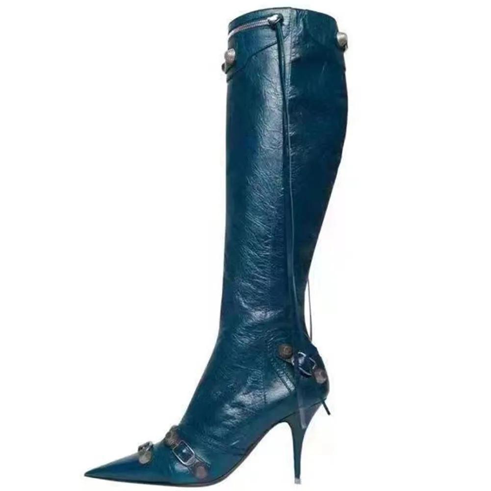Fashion Sexy Knee High Boots 2024 Winter Boots Brand Design Super High Thin Heels With Rivet Retro Fashion Cool Women Shoes Big Size 46