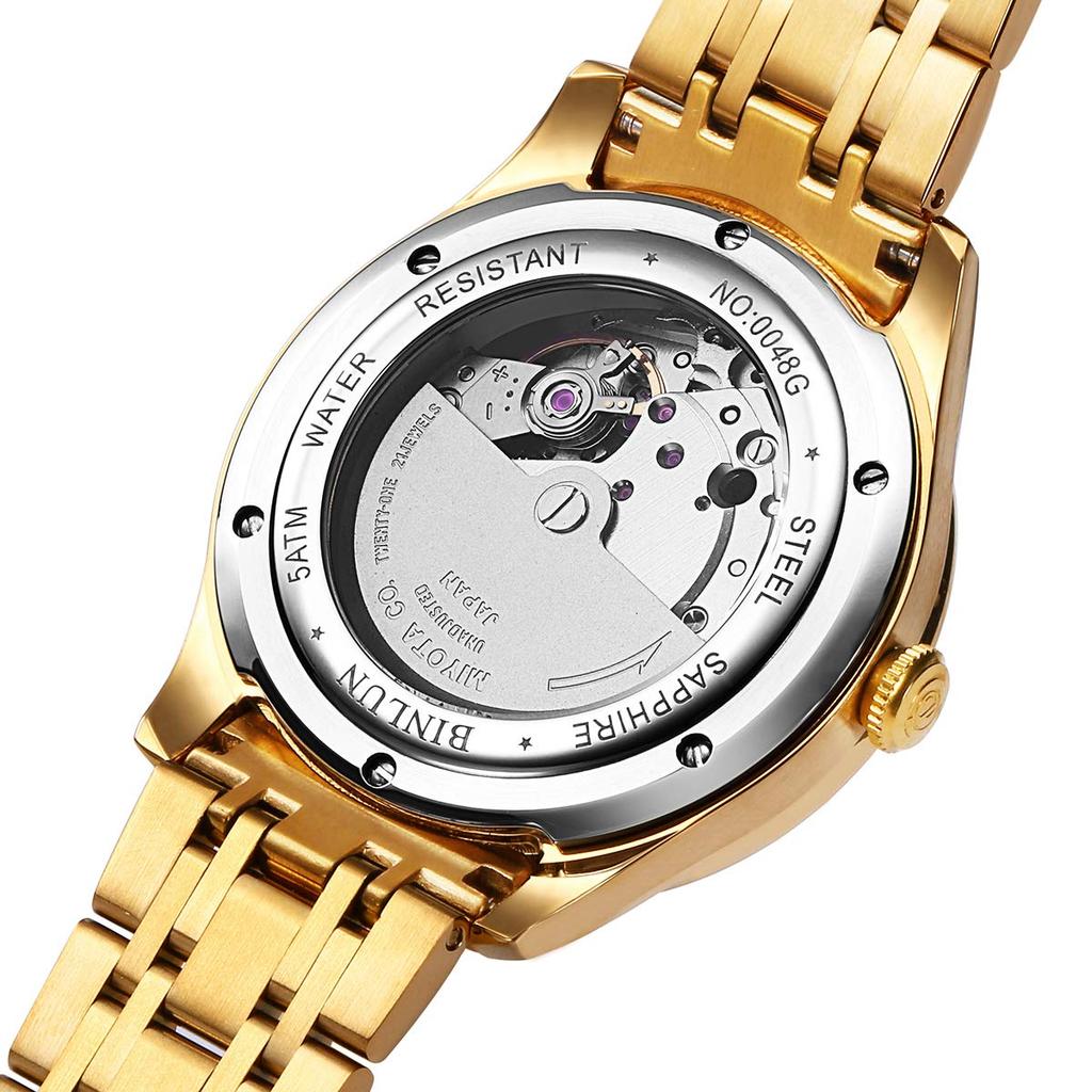 BINLUN Золотые Автоматические Часы Золотые Механические Скелетон Бизнес Часы Водонепроницаемые Аналоговые из Нержавеющей Стали Роскошные Часы для Мужчин Мужские Мужские [Продукт]