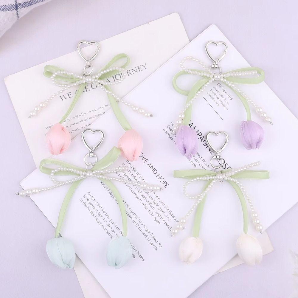 Lovely Handmade Pearl Tulip Keychain Car Keyring Fashion Tulip Pendant Creative 15cm Heart Bag Charm Bag Ornament
